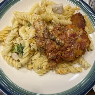 Chicken broccoli ziti with eggplant parm