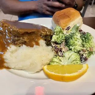 Meatloaf with Mashed Potato and Broccoli Salad