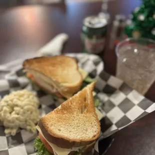 Turkey stack sandwich and macaroni salad
