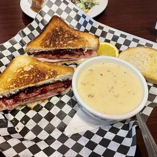 Ham and Brie Sandwich with Clam Chowder Soup