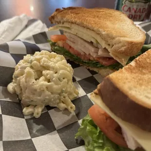 Macaroni salad, turkey stack sandwich
