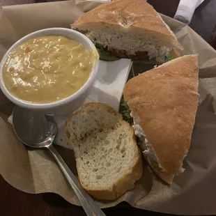 Chicken salad sandwich with corn chowder