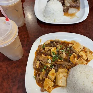 Ma Po Tofu Over Rice, B.B.Q Pork Chop, HK Milk Tea (Nov 2021)