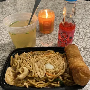 A little Chinese food date night set up! Chicken lo mein, egg roll, and won ton soup topped with a Japanese soda.
