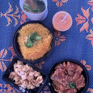 20. Wonton Soup, 13. Honey Walnut Prawns, 107. Fried Pork Chop with Spicy Salt, 136. House Special Pan Fried Noodles and Thai Tea.