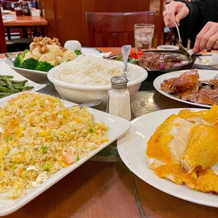 Half duck, walnut shrimp, sizzling steak, salted chicken, snow peas, fried rice