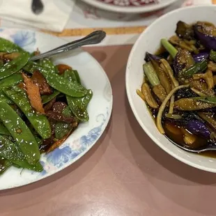 Roast Pork with Snow Peas (L) &amp; Chinese Eggplant with Garlic Sauce