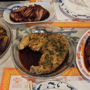 Garlic eggplant, sweetened soy cod, roast pork, kingdom pork chops