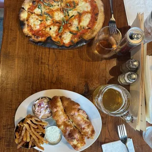 Cod dinner and Margarita pizza