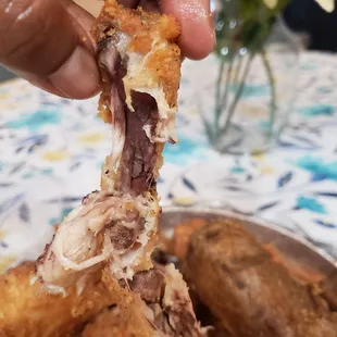 a hand holding a piece of food