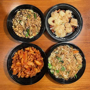 Mu Shu w Veggies, Honey Walnut Shrimp, Chow Mein w Veggies, Orange Chicken - All delicious!