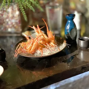 Live spot prawn, deep-fried bodies