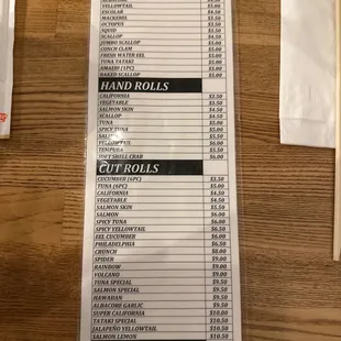 Roll Menu -- Good prices and lots of variety