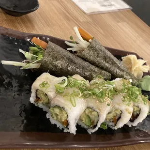 Special halibut roll and 2 salmon skin hand rolls