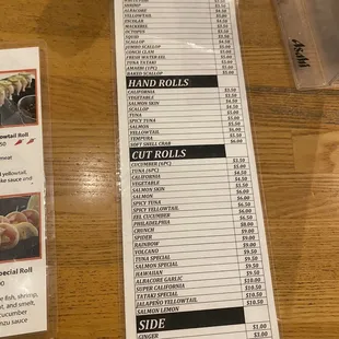 Sushi menu
