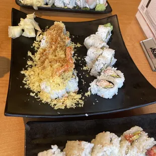 Top to bottom halibut, crunchy, ca, spicy tuna