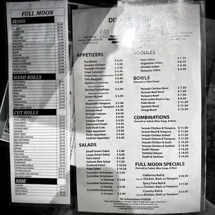 Dinner and Sushi Menu