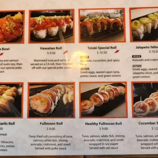 Roll menu, highly recommend albacore garlic roll