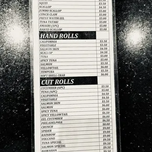 Sushi and Cut Roll Menu prices as of April 2024
