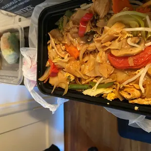 Chicken Pad Kee Mao and salad rolls