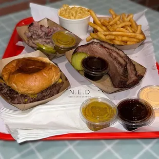 Double Smash Burger and 2x2 (Brisket, Pulled Pork, Mac &amp; Cheese, and French Fries)
