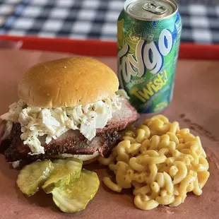 Classic Brisket Sandwich with a side of Mac and cheese