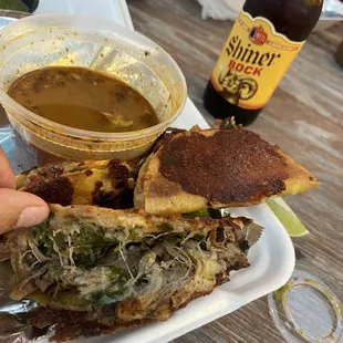 Birria tacos and a shiner