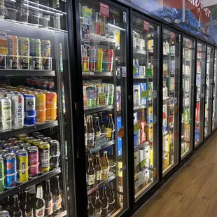Drink Coolers with a variety of beers, energy drinks, sodas and more.