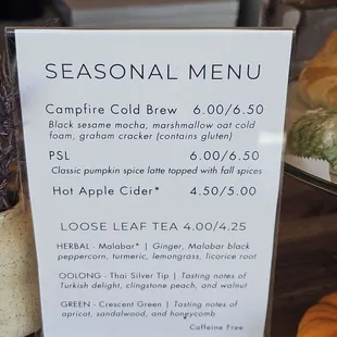 Seasonal menu