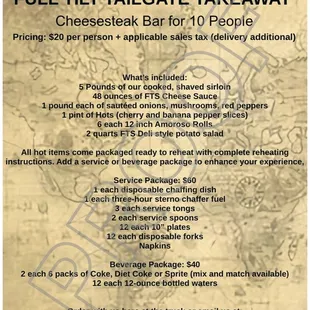 FTS Tailgate Takeaway Cheesesteak bar is here!  Be the STAR at your next party!  Send inquires to info@fulltiltsandwiches.com
