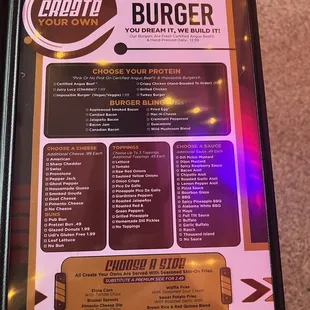 BYOBurger menu