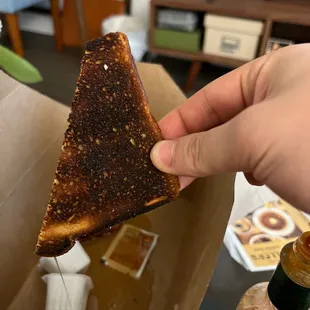 a hand holding a piece of toast