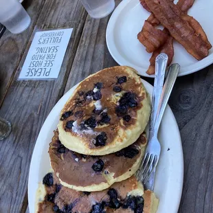 Blueberry Pancakes with a side of bacon