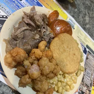 Chitterlings, Fried Shrimp, Corn, Yams