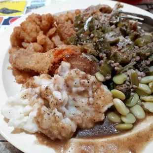 Fried chicken and vegetables.