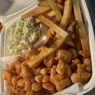 Fried shrimp plate with fries and homemade slaw yumm!!!