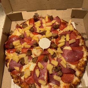 Medium CYO- salami, pepperoni, sausage and pineapple with extra sauce on thin crust