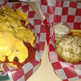 Nachos and a jumbo lump crab cake special