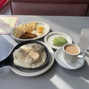 biscuits and gravy, avocado, sausage, hash browns