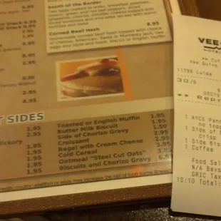 Part of breakfast menu and my receipt.