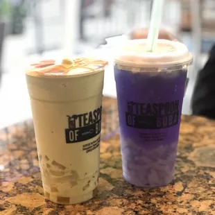 Dairy free sugar free matcha smoothie with crystal boba and rainbow jelly -- butterfly pea tea with crystal boba and lychee jelly