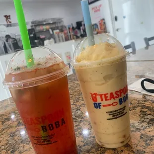 Cucumber Limade with Chili Popping and Passion Fruit Smoothie with Passion Fruit Popping