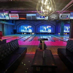a bowling alley with bowling lanes
