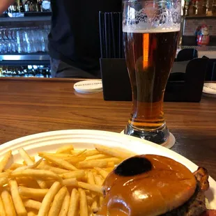 Bacon cheeseburger and fries with Yeungling draft