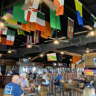 flags hanging from the ceiling
