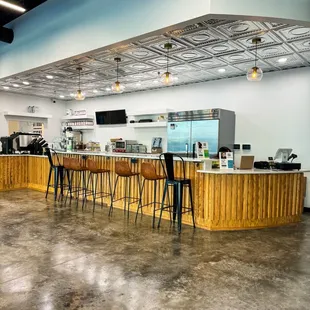 a view of a restaurant counter