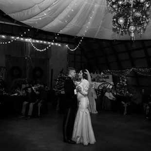 Glimpse of the dance floor with Christmas chandelier