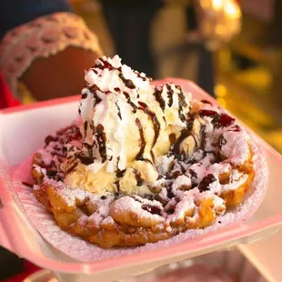 8inch funnelcake with vanilla ice cream whipped cream and chocolate drizzle #yumdiggity