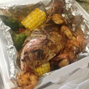 Jerk snapper and shrimp with steam veggies
