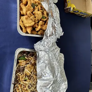 Party tray: salt and pepper fish, chow fun